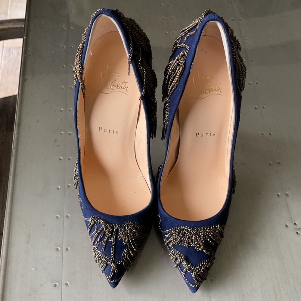 Christian louboutin dollyparty navy satin chain stiletto sz 38 120mm $2495 - Picture 3 of 9